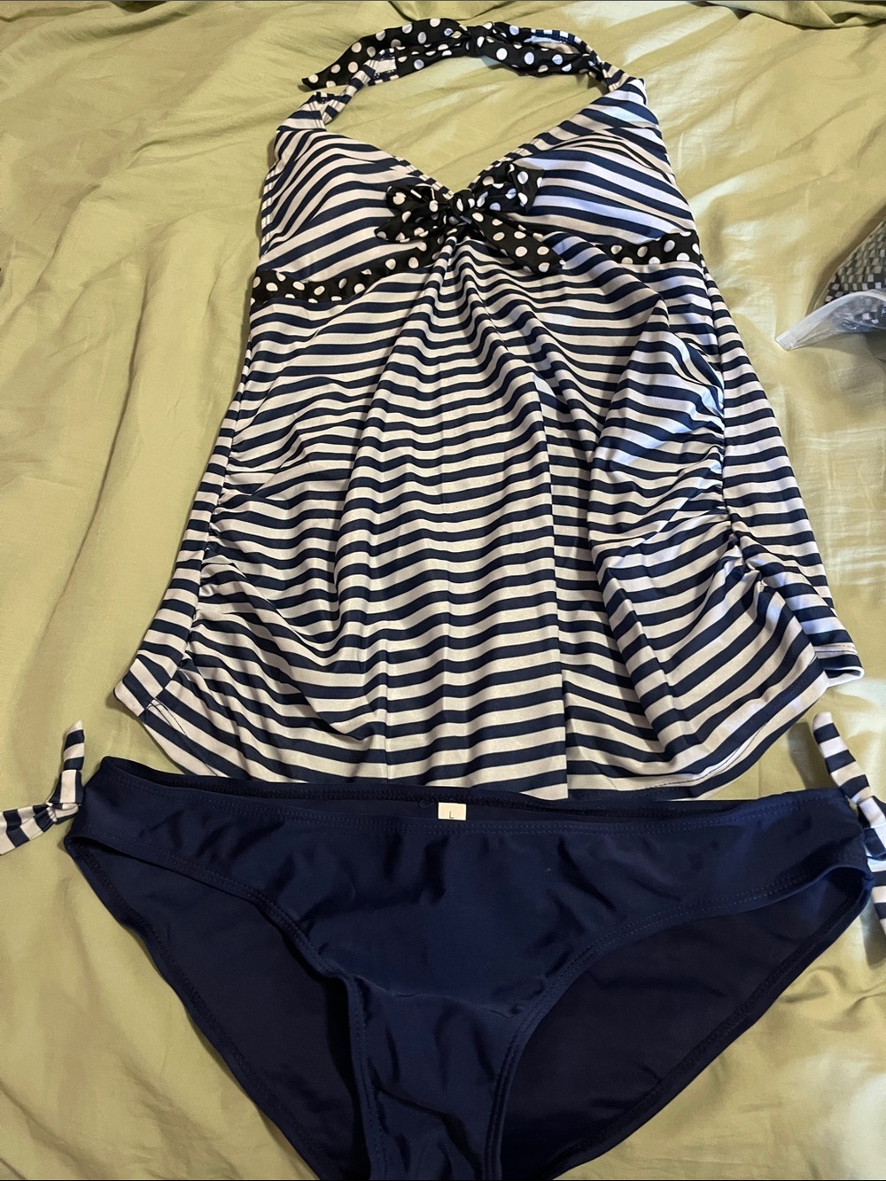 Maternity Navy & White Striped Halter Tankini Set